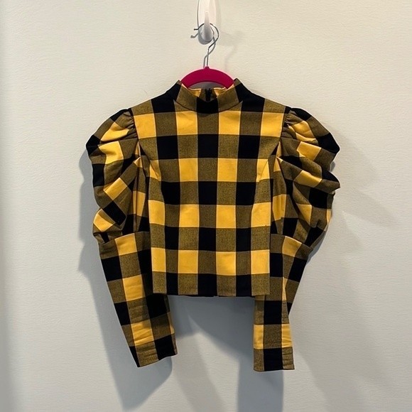 Alice + Olivia “Brenna” check puff sleeve top 2 - Picture 3 of 5